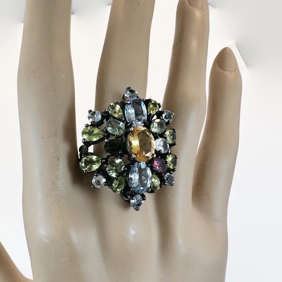 Gemstone Ring, Sterling Silver, Blue Topaz, Peridot, Citrine, Tourmaline - Picture 4 of 8